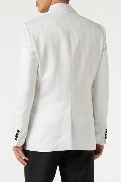 BRIAN - Floral Jacquard Print White Tuxedo Jacket With Waistcoat