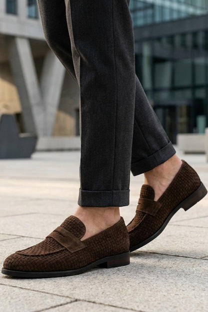 BRIO Men’s Brown Woven Suede Leather Penny Loafers