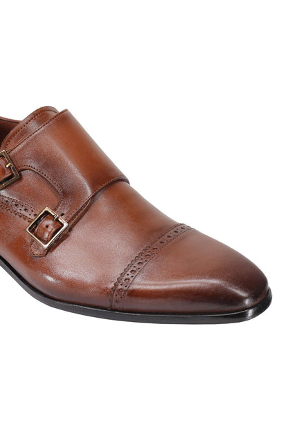 BROWN CALF LEATHER SEMI BROGUE MONK SHOES