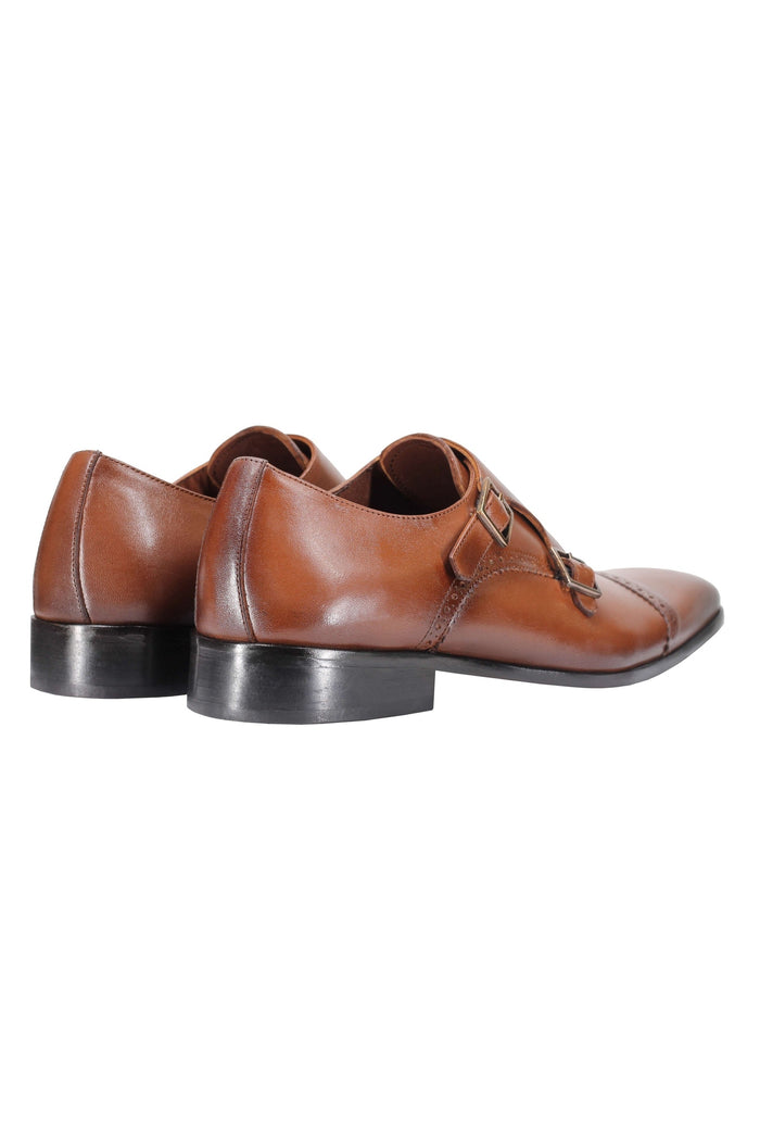 BROWN CALF LEATHER SEMI BROGUE MONK SHOES