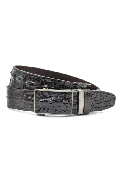 BROWN CROC PRINT LEATHER AUTO LOCK BELT