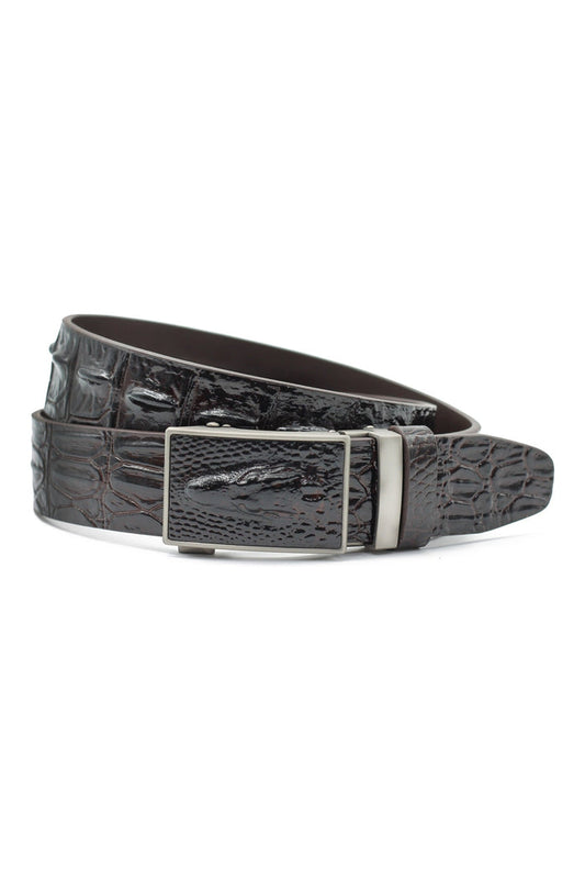 BROWN CROC PRINT LEATHER AUTO LOCK BELT