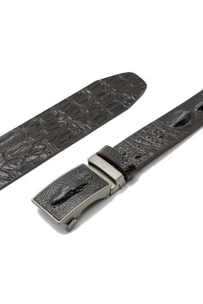 BROWN CROC PRINT LEATHER AUTO LOCK BELT