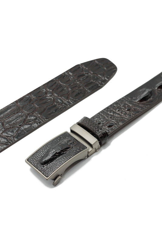 BROWN CROC PRINT LEATHER AUTO LOCK BELT