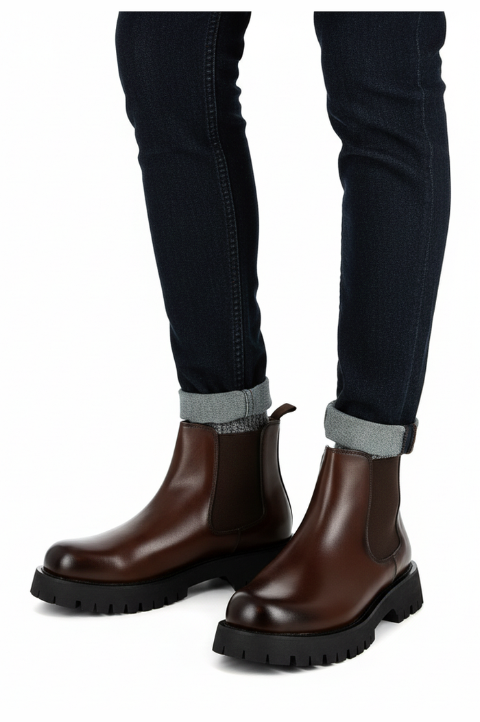 Brown Faux Leather Chelsea Boots Chunky Cleated Sole