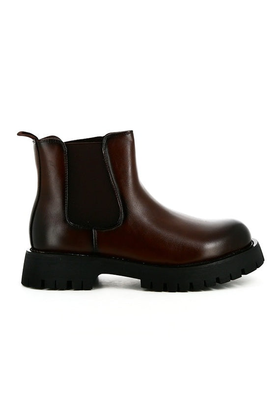 Brown Faux Leather Chelsea Boots Chunky Cleated Sole