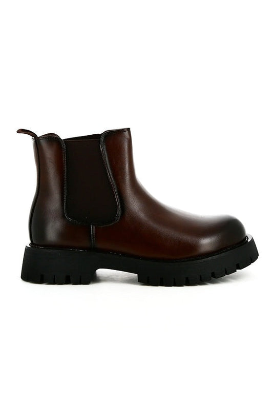 Brown Faux Leather Chelsea Boots Chunky Cleated Sole