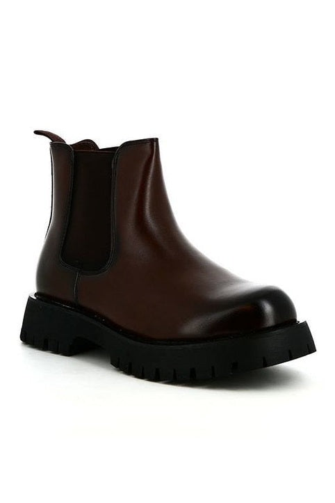 Brown Faux Leather Chelsea Boots Chunky Cleated Sole