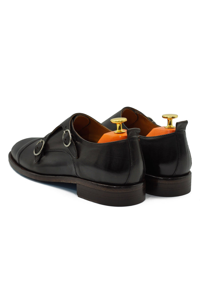 BROWN ITALIAN CALFSKIN DOUBLE BUCKLE MONK LOAFER