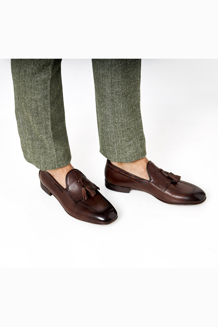 BROWN ITALIAN LEATHER COLLAPSIBLE KILTIE TASSEL LOAFER