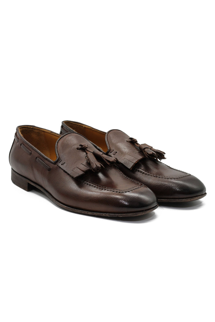 BROWN ITALIAN LEATHER COLLAPSIBLE KILTIE TASSEL LOAFER