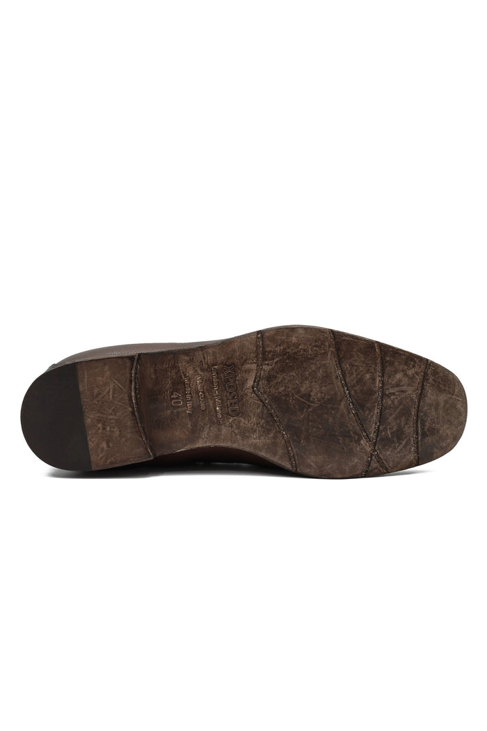 BROWN ITALIAN LEATHER COLLAPSIBLE KILTIE TASSEL LOAFER