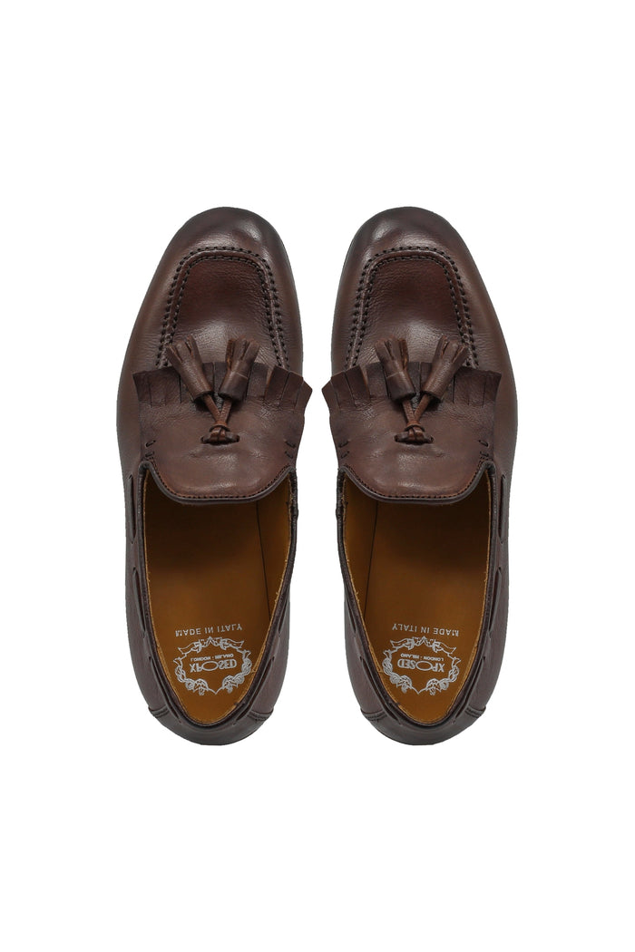 BROWN ITALIAN LEATHER COLLAPSIBLE KILTIE TASSEL LOAFER