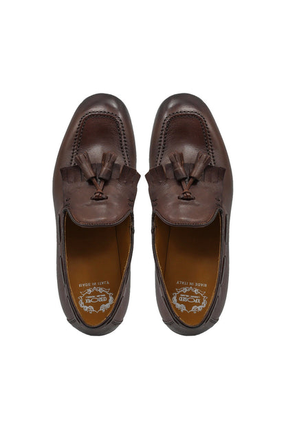 BROWN ITALIAN LEATHER COLLAPSIBLE KILTIE TASSEL LOAFER