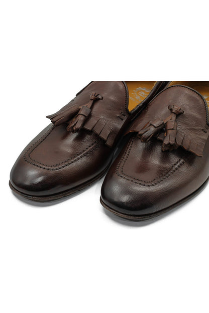 BROWN ITALIAN LEATHER COLLAPSIBLE KILTIE TASSEL LOAFER