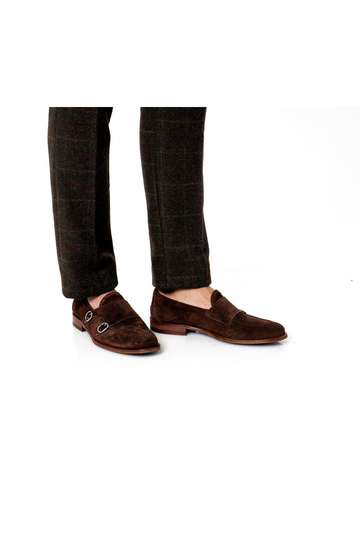 BROWN ITALIAN SUEDE DOUBLE MONK BUCKLE LOAFER