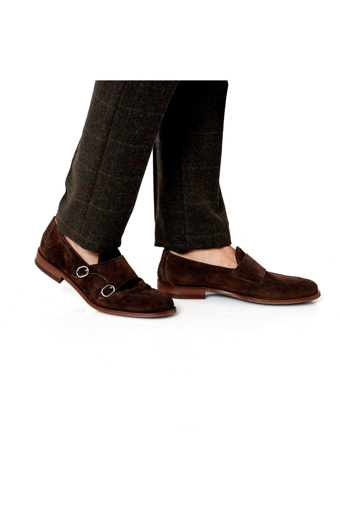 BROWN ITALIAN SUEDE DOUBLE MONK BUCKLE LOAFER