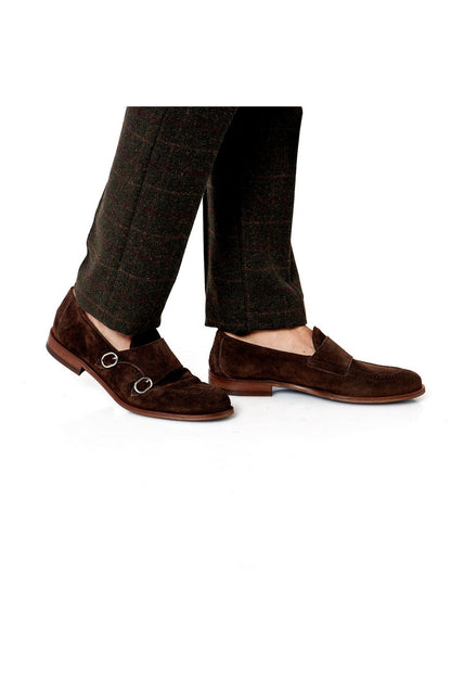 BROWN ITALIAN SUEDE DOUBLE MONK BUCKLE LOAFER