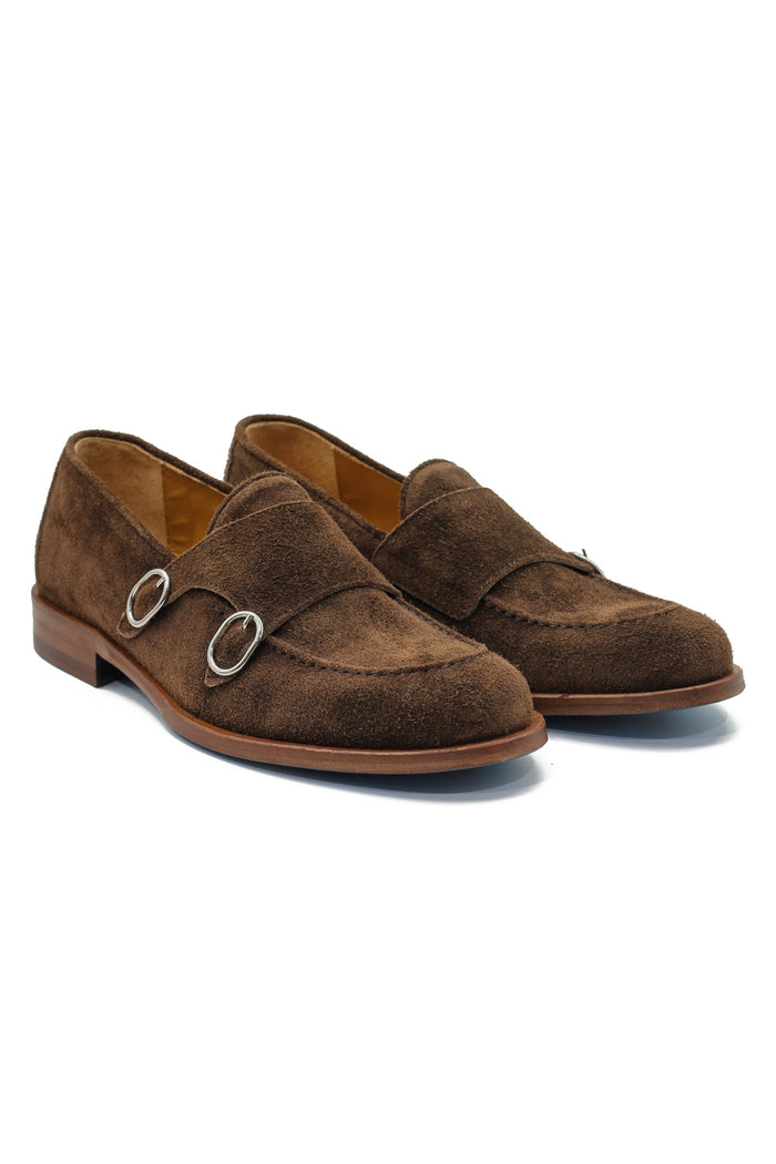 BROWN ITALIAN SUEDE DOUBLE MONK BUCKLE LOAFER