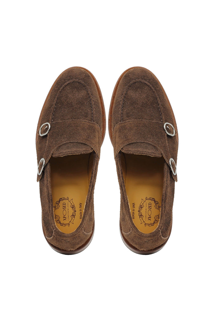 BROWN ITALIAN SUEDE DOUBLE MONK BUCKLE LOAFER