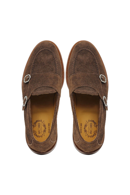 BROWN ITALIAN SUEDE DOUBLE MONK BUCKLE LOAFER