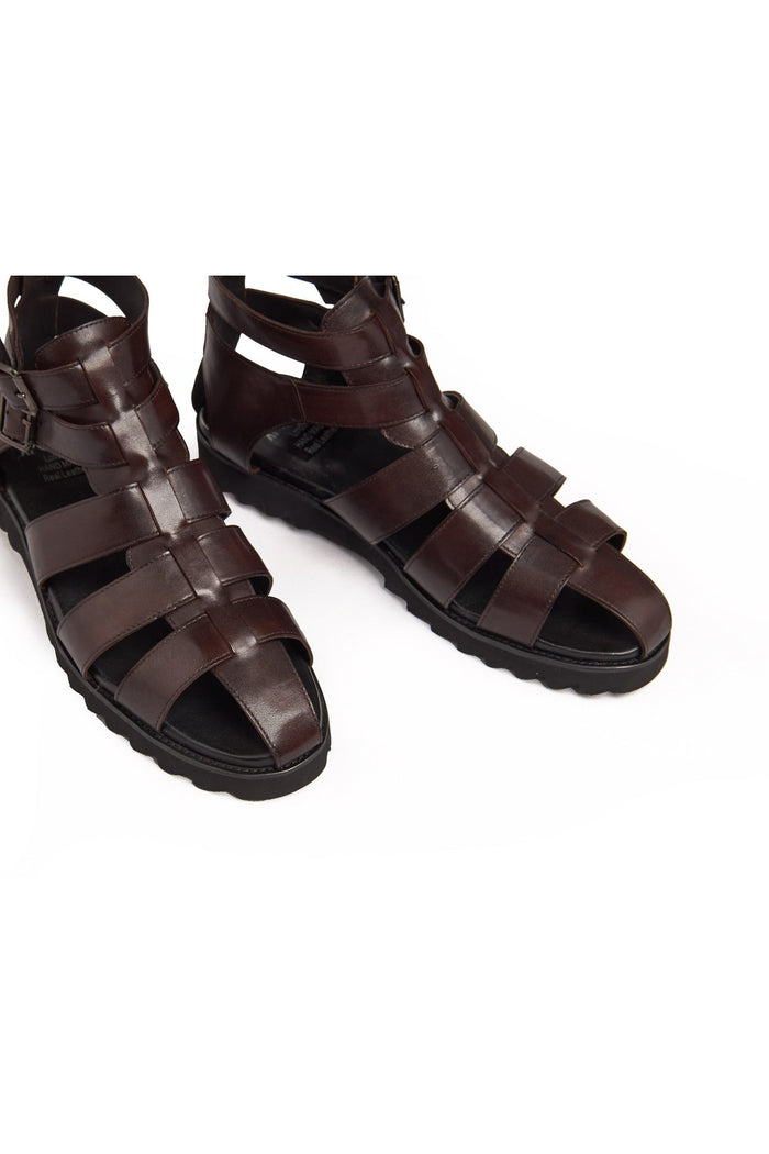 BROWN LEATHER CROSS STRAP SANDALS