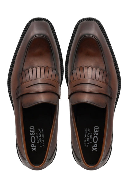 BROWN LEATHER PENNY LOAFERS WITH FRINGE
