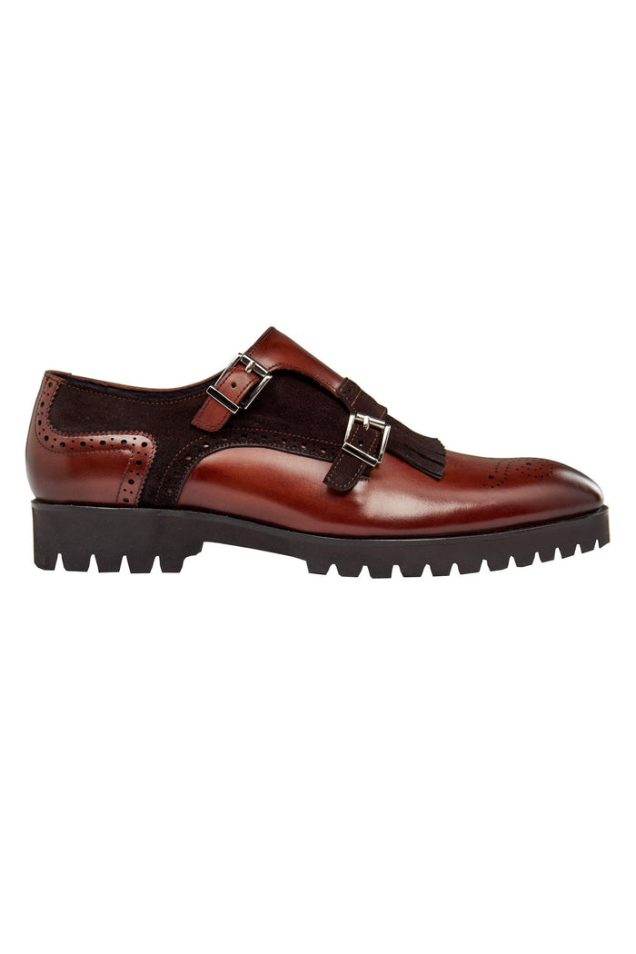 BROWN LEATHER & SUEDE DOUBLE MONK SHOES