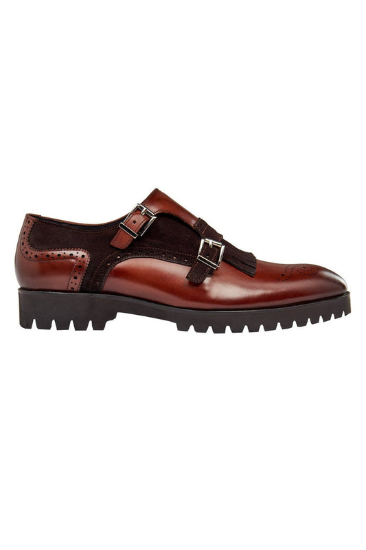 BROWN LEATHER & SUEDE DOUBLE MONK SHOES