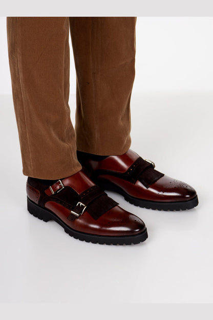 BROWN LEATHER & SUEDE DOUBLE MONK SHOES
