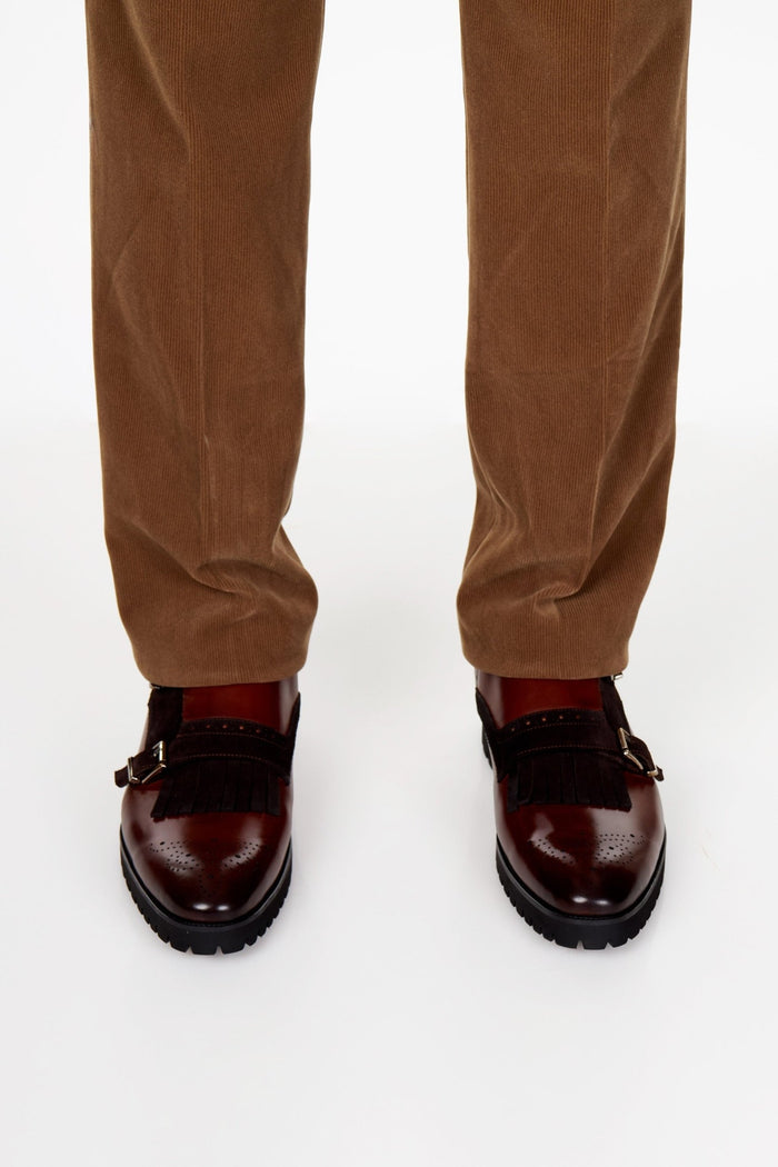 BROWN LEATHER & SUEDE DOUBLE MONK SHOES
