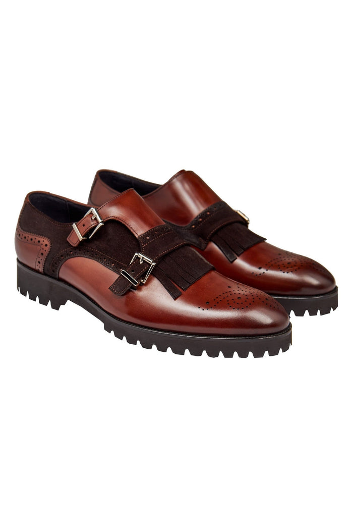 BROWN LEATHER & SUEDE DOUBLE MONK SHOES