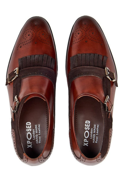 BROWN LEATHER & SUEDE DOUBLE MONK SHOES