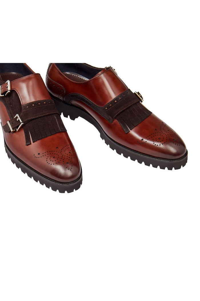 BROWN LEATHER & SUEDE DOUBLE MONK SHOES