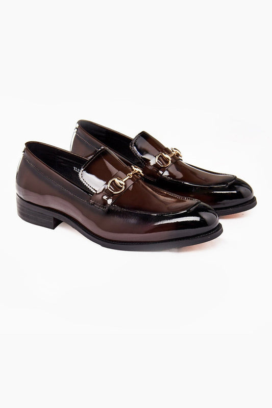 BROWN PATENT LEATHER GOLD BUCKLE LOAFERS