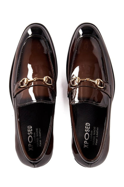 BROWN PATENT LEATHER GOLD BUCKLE LOAFERS