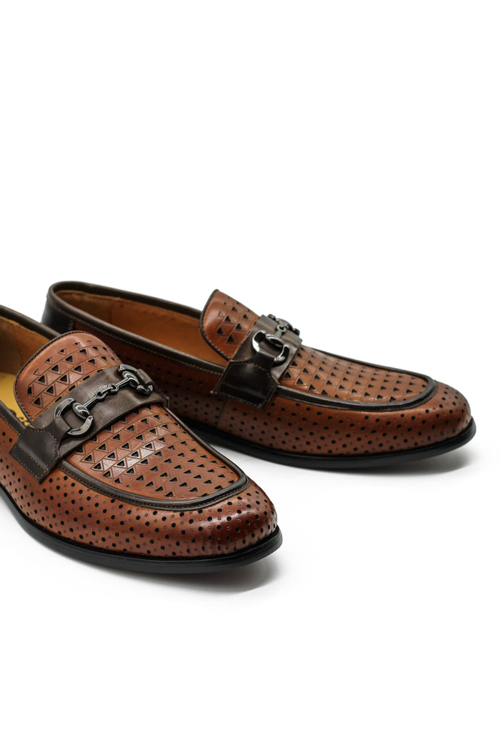 Brown Perforated Real Leather Shoes Snaffle Buckle