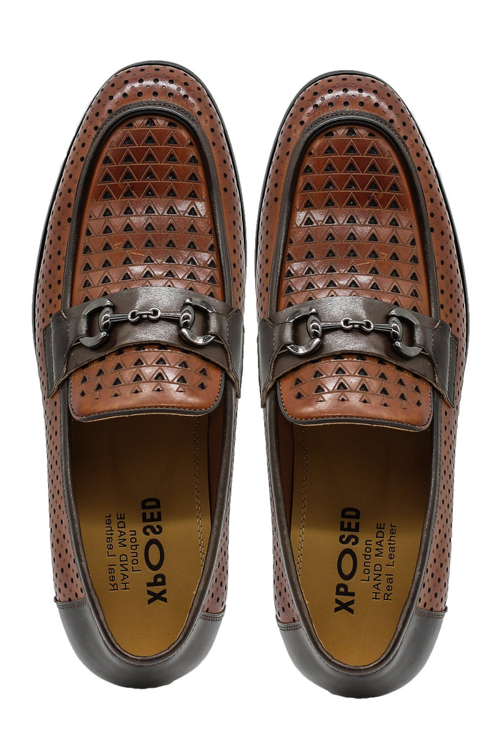 Brown Perforated Real Leather Shoes Snaffle Buckle