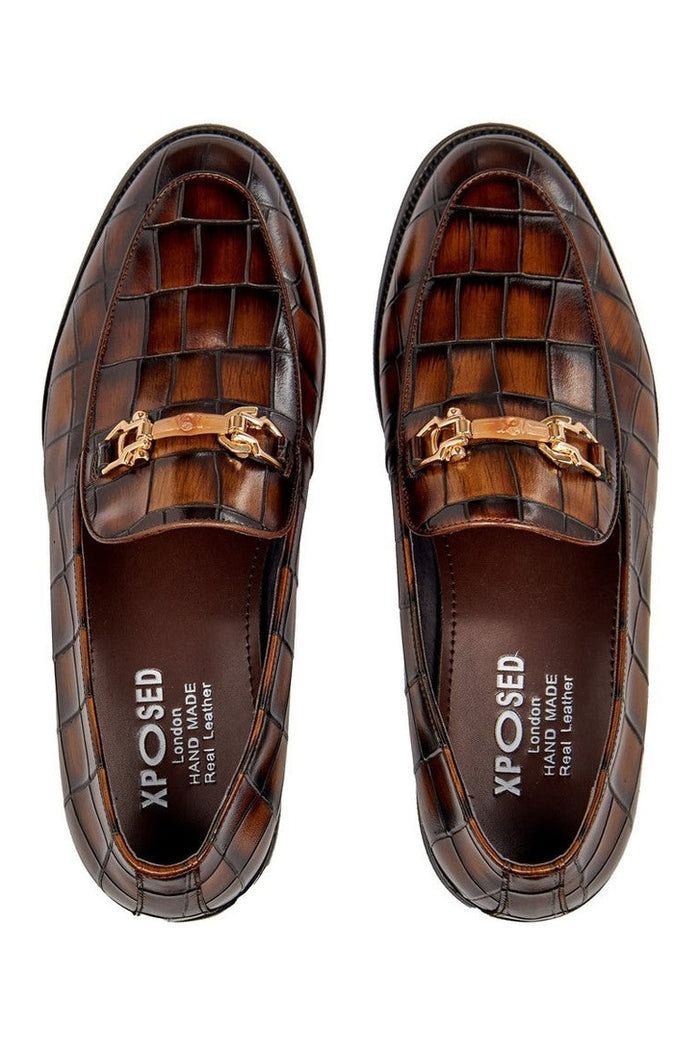 BROWN PRINTED GOLD BUCKLE LOAFERS