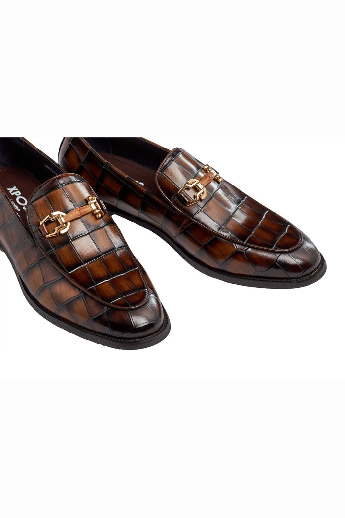 BROWN PRINTED GOLD BUCKLE LOAFERS