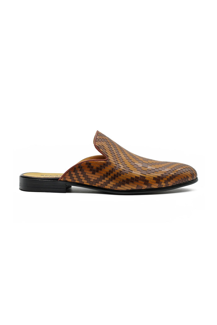 Brown Woven Embossed Leather Half Mules