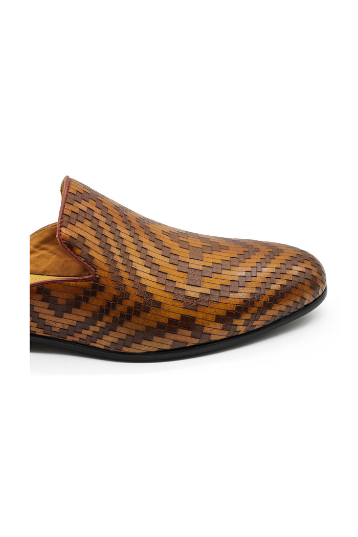 Brown Woven Embossed Leather Half Mules