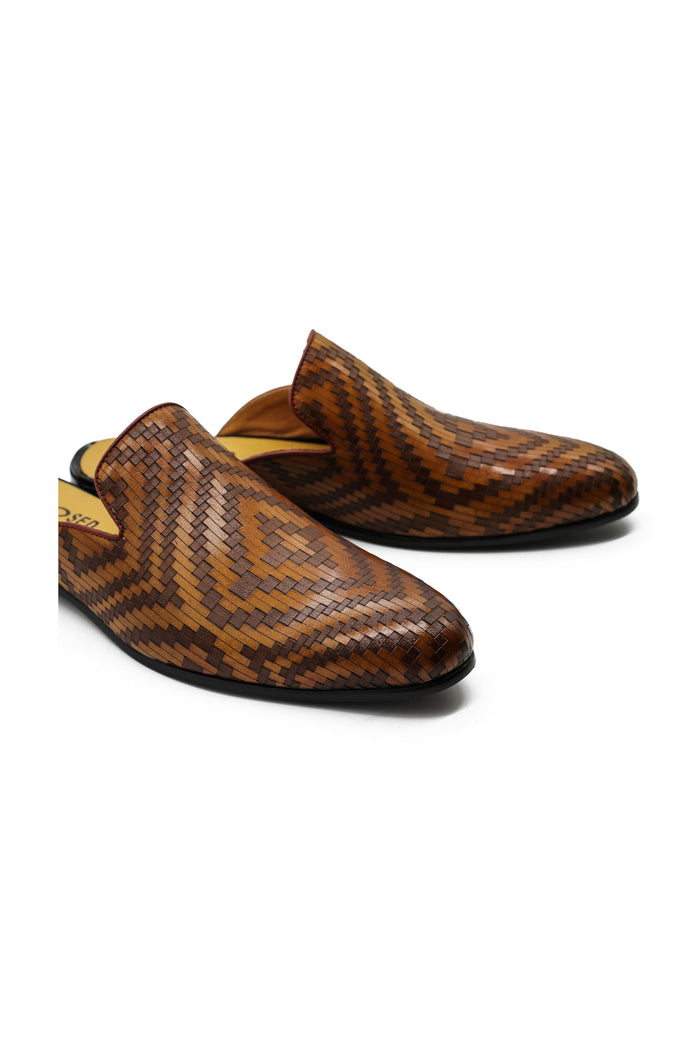 Brown Woven Embossed Leather Half Mules
