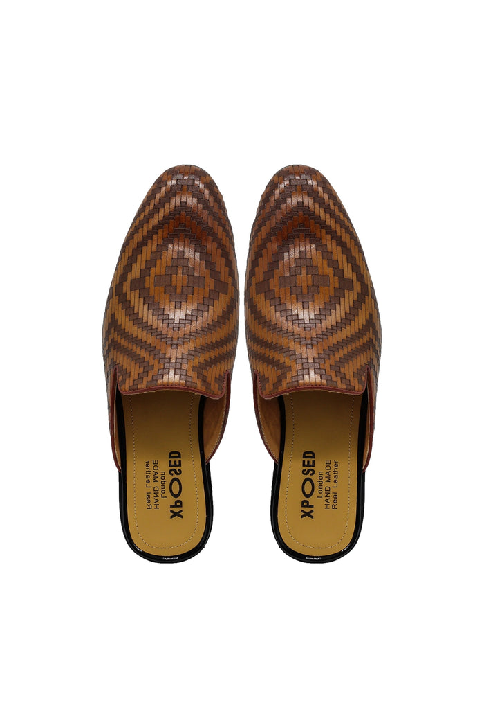 Brown Woven Embossed Leather Half Mules