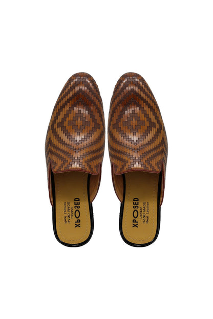 Brown Woven Embossed Leather Half Mules