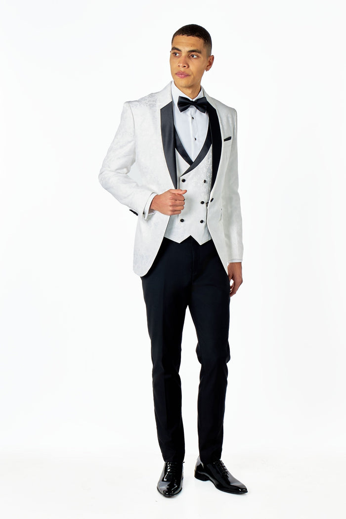 BRUCE – WHITE TUXEDO 3 PIECE SUIT FLORAL PAISLEY PRINT