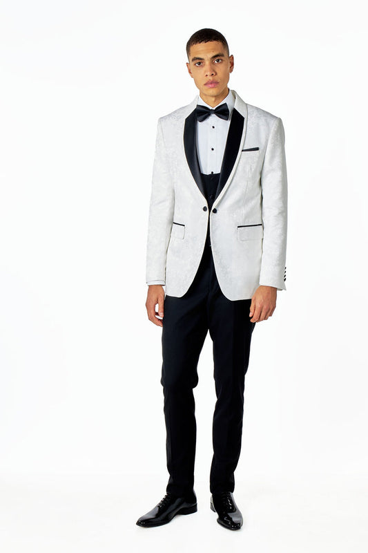 BRUCE – 3 PIECE TUXEDO SUIT WHITE FLORAL PAISLEY PRINT