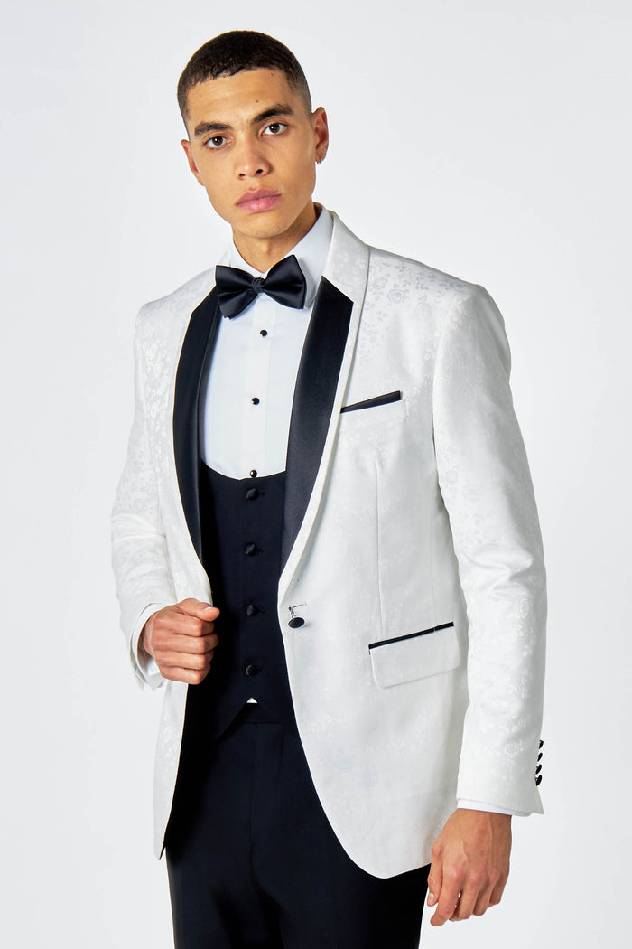 BRUCE – 3 PIECE TUXEDO SUIT WHITE FLORAL PAISLEY PRINT