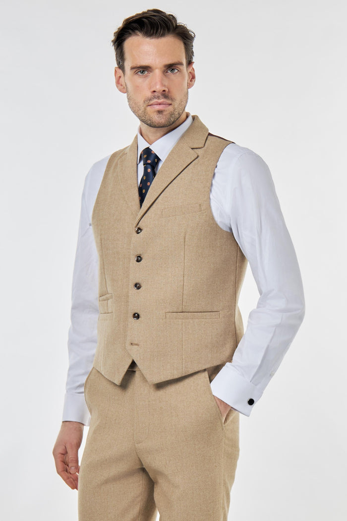 BRUCE – TAILORED 3 PIECE SUIT IN WOOL RICH STONE HERRINGBONE