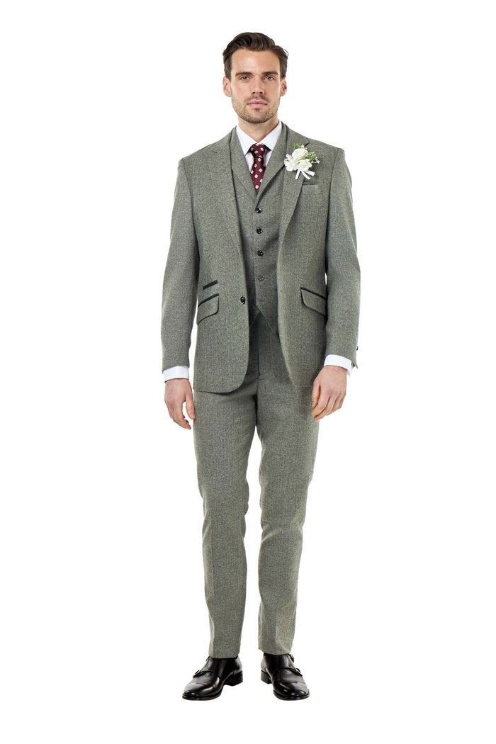 BRUCE – TAILORED SAGE GREEN WOOL RICH SUIT HERRINGBONE